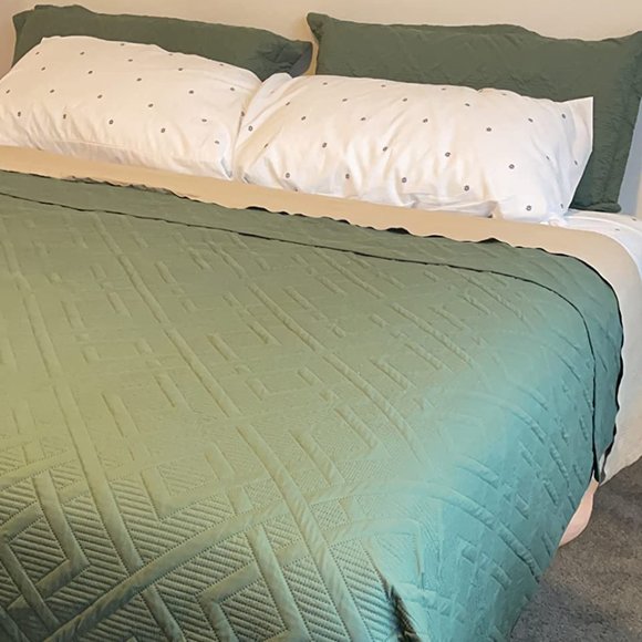 SunStyle Home Quilt Set 3 Pieces Queen Quilt Set Olive Green Soft Microfiber - Picture 5 of 11